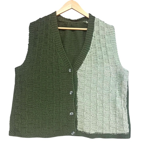Handmade Sweaters - Handmade Knit Sweater Vest Womens XL Green Colorblock Button Front V-Neck Boho